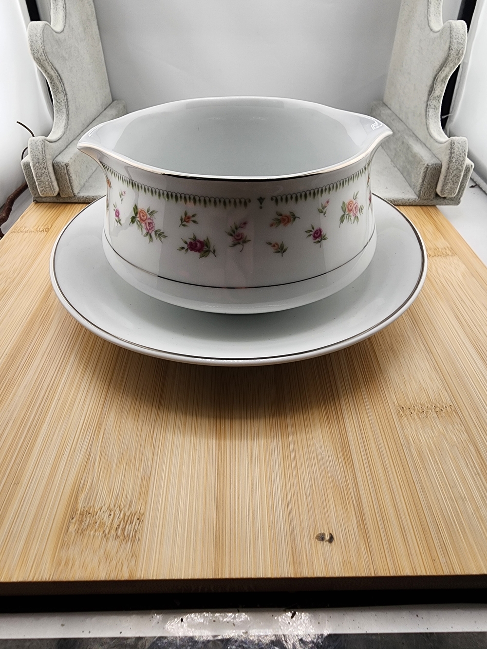 Porcelain Floral Gravy Boat with Underplate - White with Pink Rose
